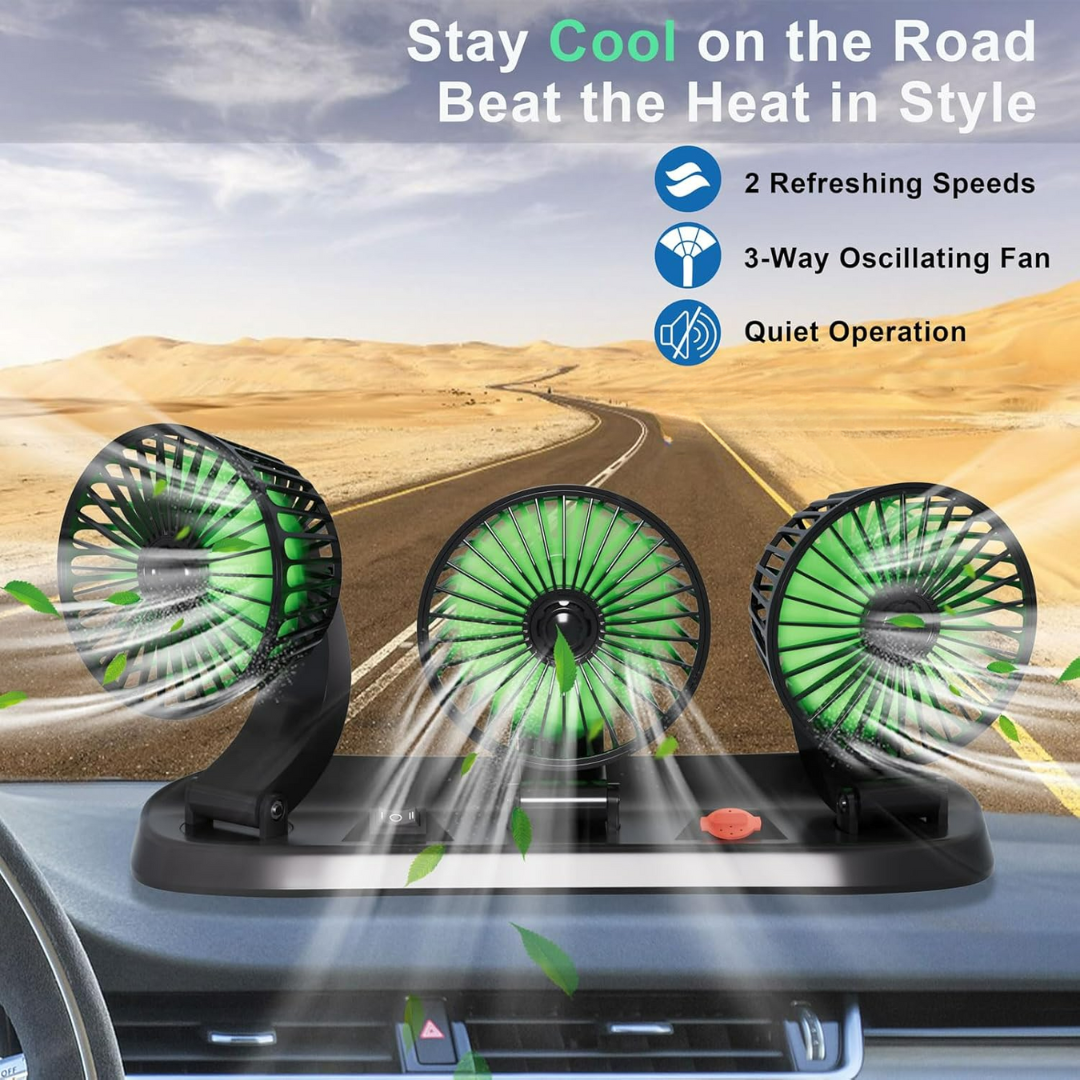 Car Fan Portable 3 Head Desk Cooling Fan with 2 Wind Speed, 360° Rotation