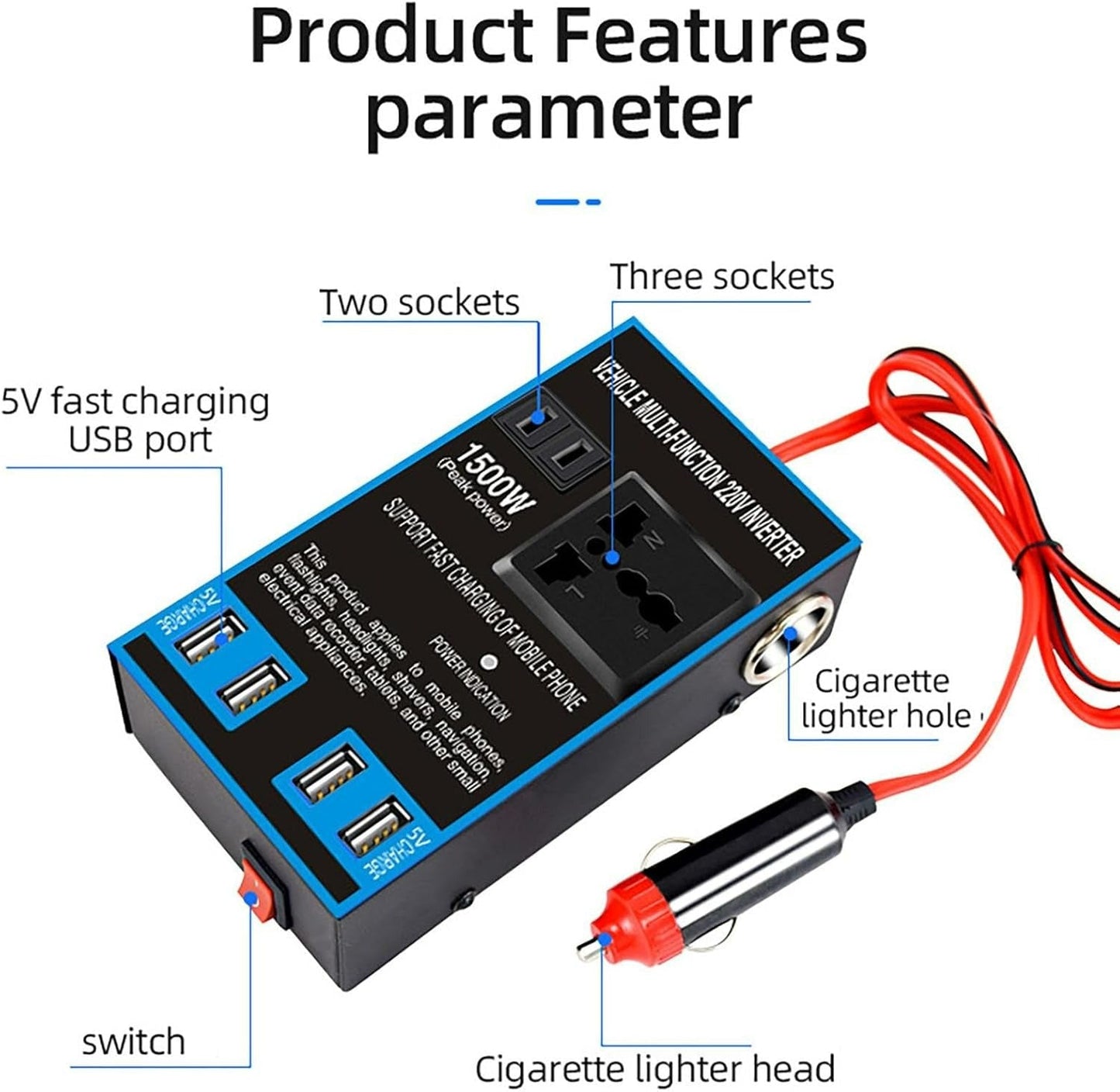 220V Car Power Inverter Adapter – 12V to 220V Converter with 4 USB Ports & Universal Socket