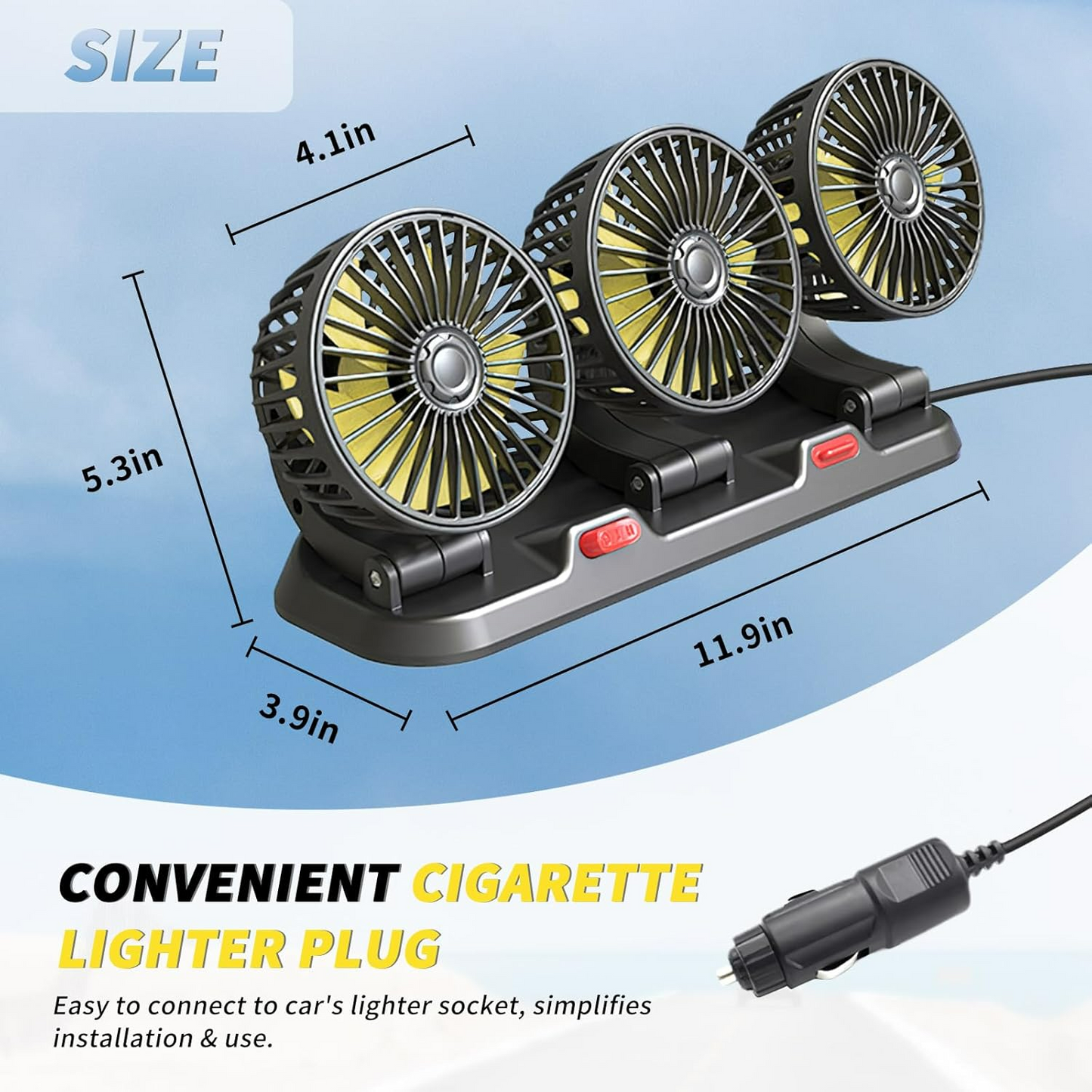 Car Fan Portable 3 Head Desk Cooling Fan with 2 Wind Speed, 360° Rotation