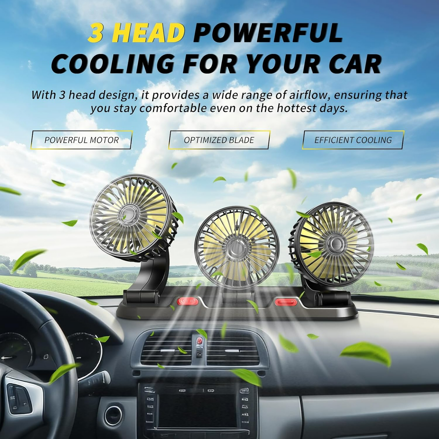 Car Fan Portable 3 Head Desk Cooling Fan with 2 Wind Speed, 360° Rotation