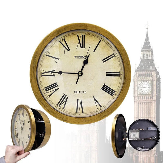 Hidden Clock Safe Gold Or Silver Color Retro Round Wall clock