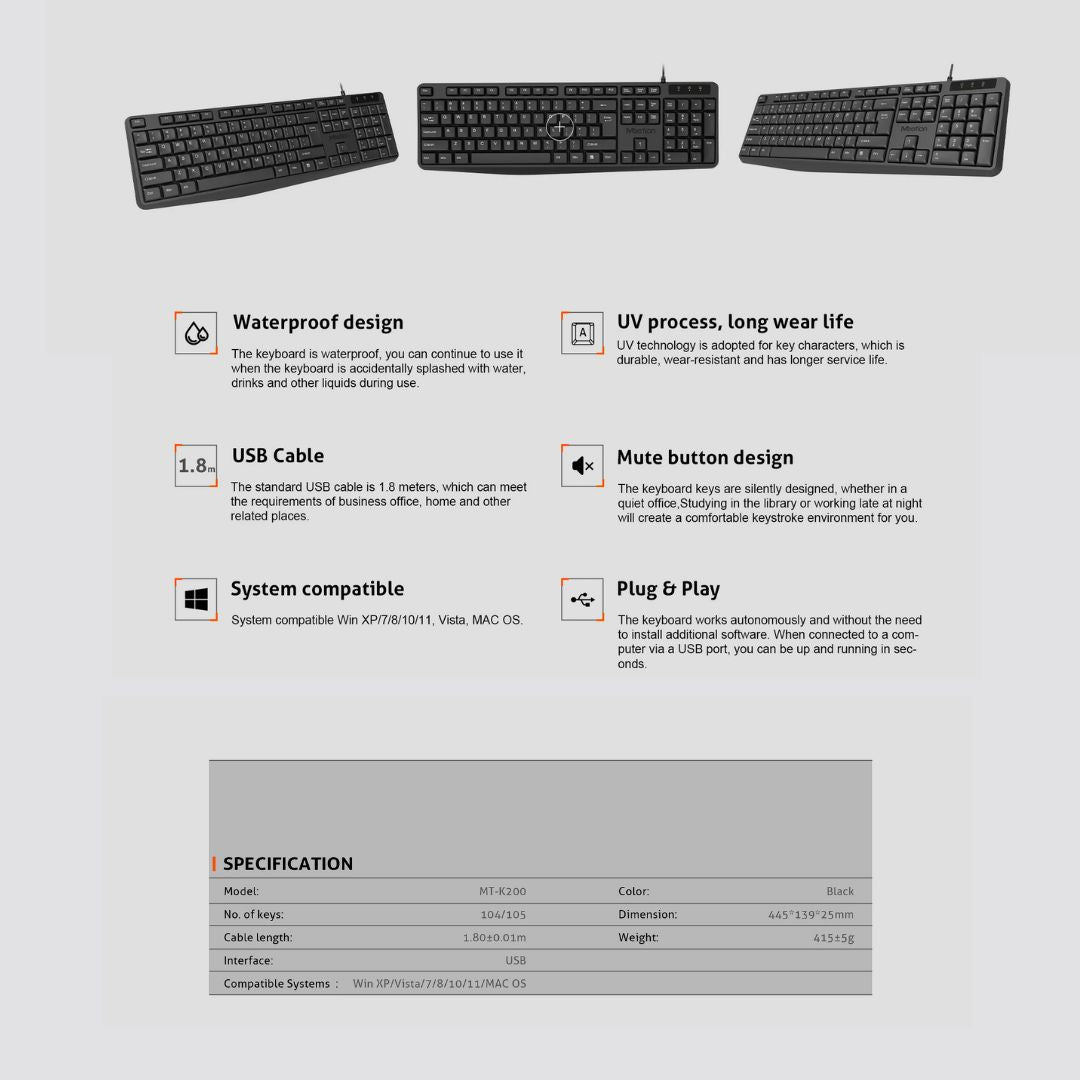 Meetion MT-K200 Economical Universal Waterproof 104 Keys USB Wired Office Keyboard