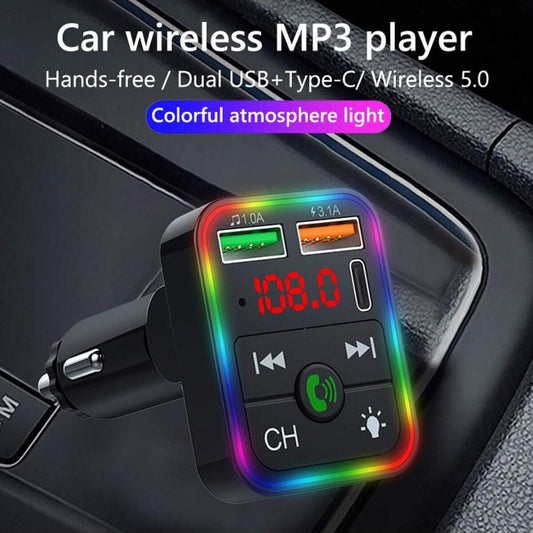 Bleutooth FM Transmitter F2 , MP3 Player with USB, Type-C Fast Charger, and FM.