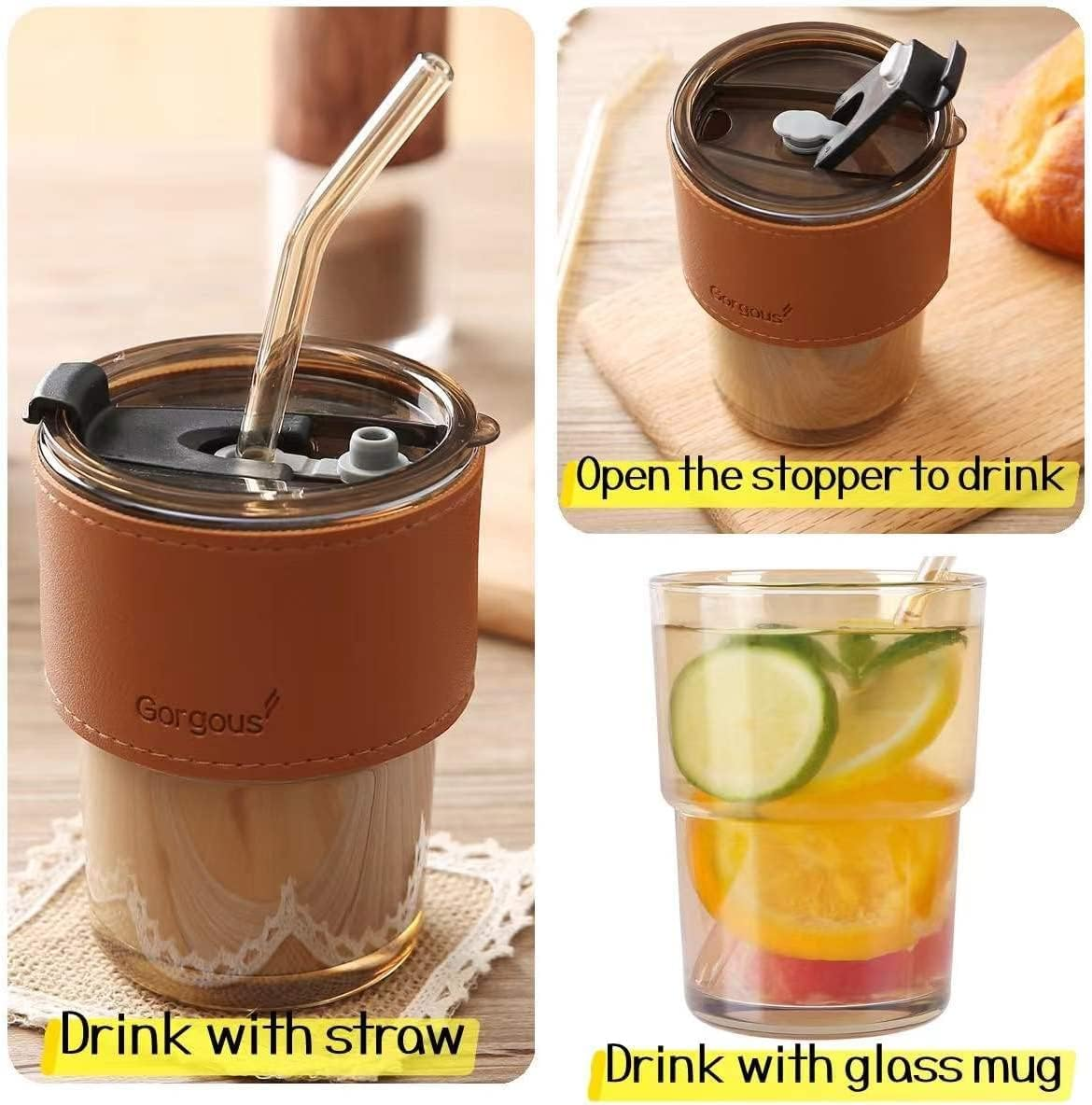Coffee Mug Glass Tumbler With Silicone Straw and Lid 360 ml, Cup With Leather Sleeve