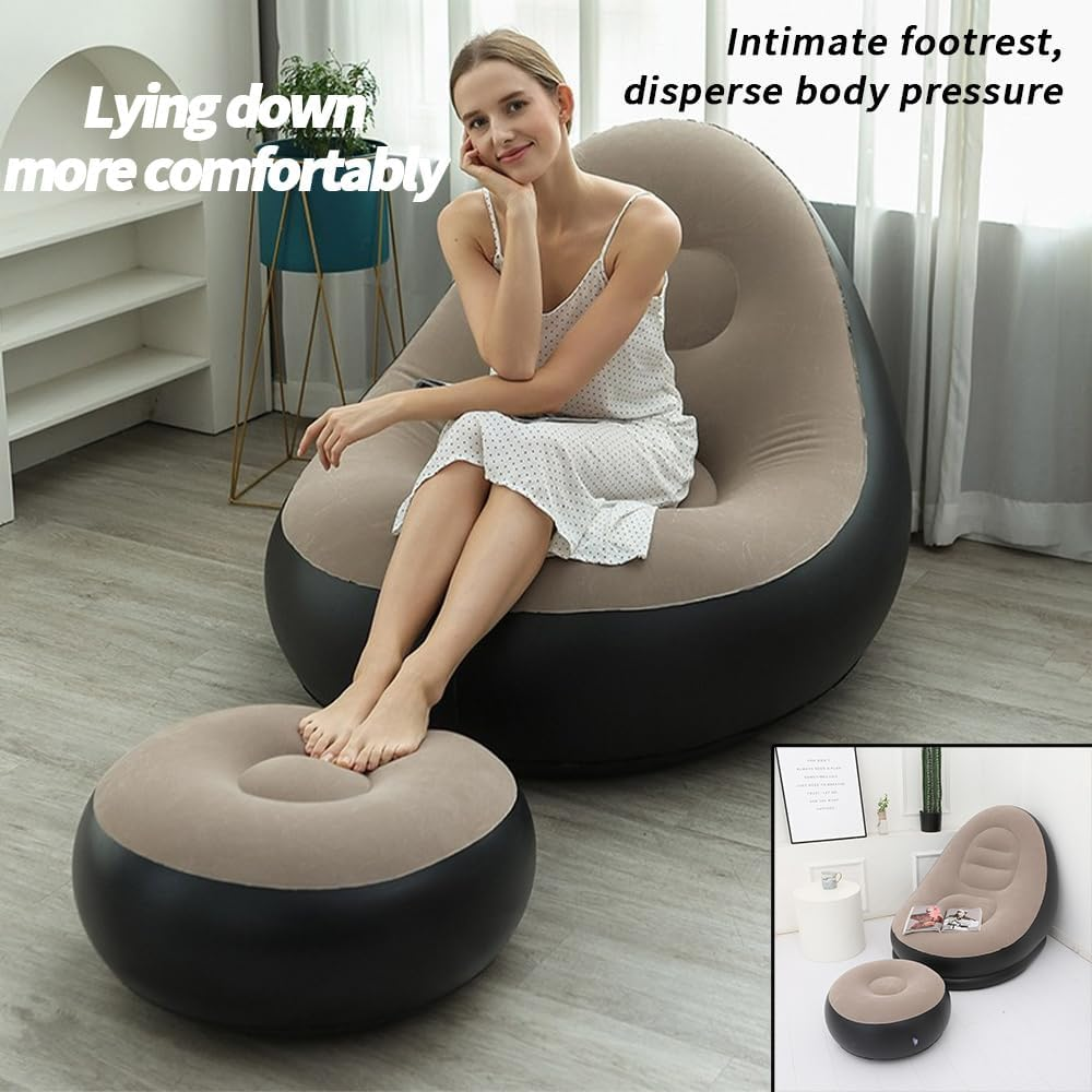 Portable Inflatable Bed Sofa Flocking Couch Set with Footstool
