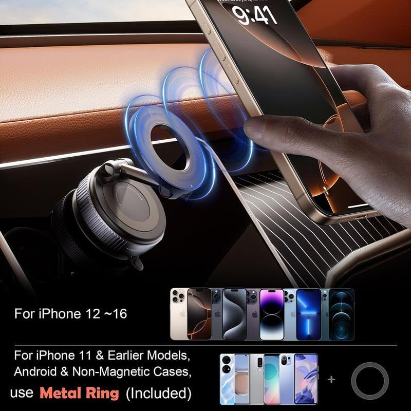 Magnetic Car Phone Mount – Upgraded Vacuum Suction Holder, 360° Adjustable Dashboard & Windshield Bracket