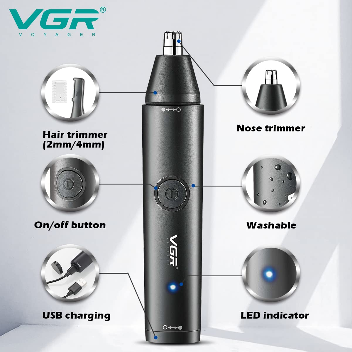 VGR V613 Ear, Nose & Eyebrow Trimmer – USB Rechargeable, Nose Clippers & Facial Grooming Tool