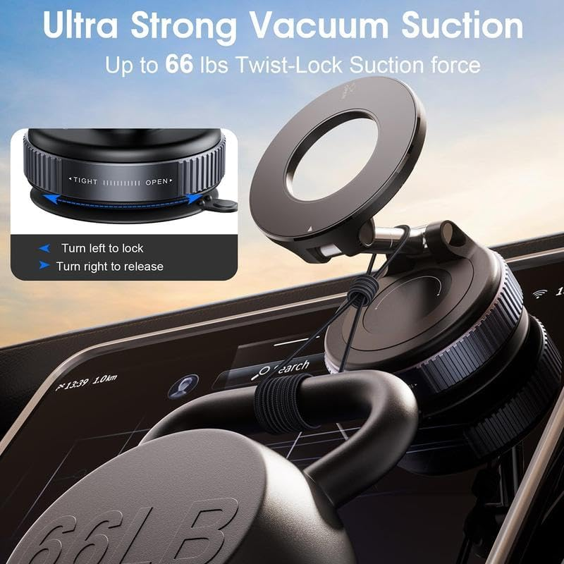 Magnetic Car Phone Mount – Upgraded Vacuum Suction Holder, 360° Adjustable Dashboard & Windshield Bracket