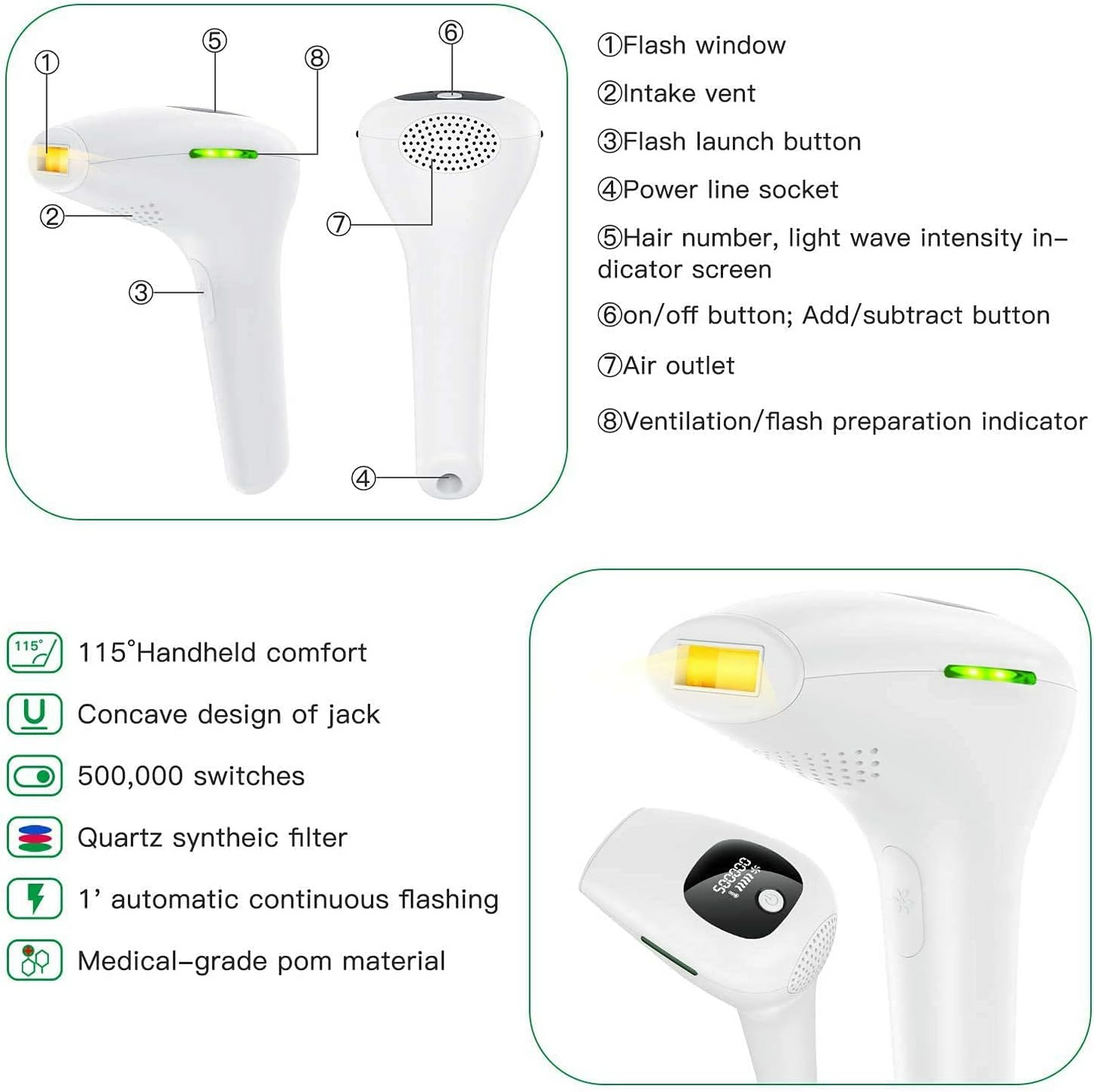Safe and Effective IPL Permanent Laser Hair Removal Device for Face and Body for Men and Women
