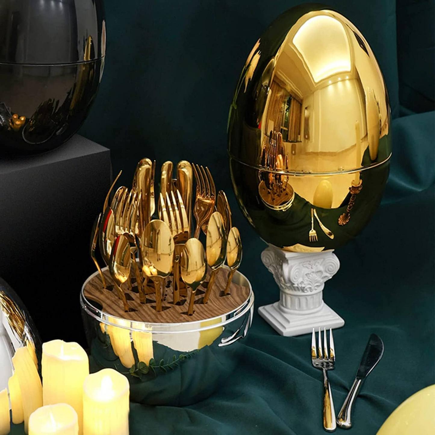 Premium Cutlery Set 24 Pcs with Oval Shaped Stand (Golden Egg)