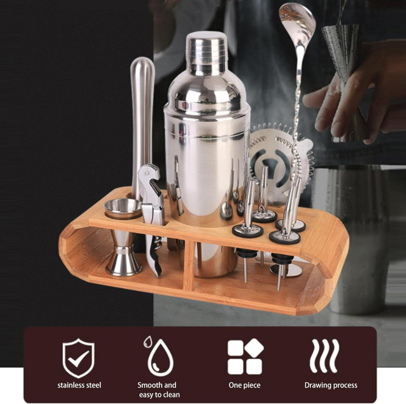 Cocktail Shaker Set Bartender Kit, Bar Set with Bamboo Stand 12 Piece