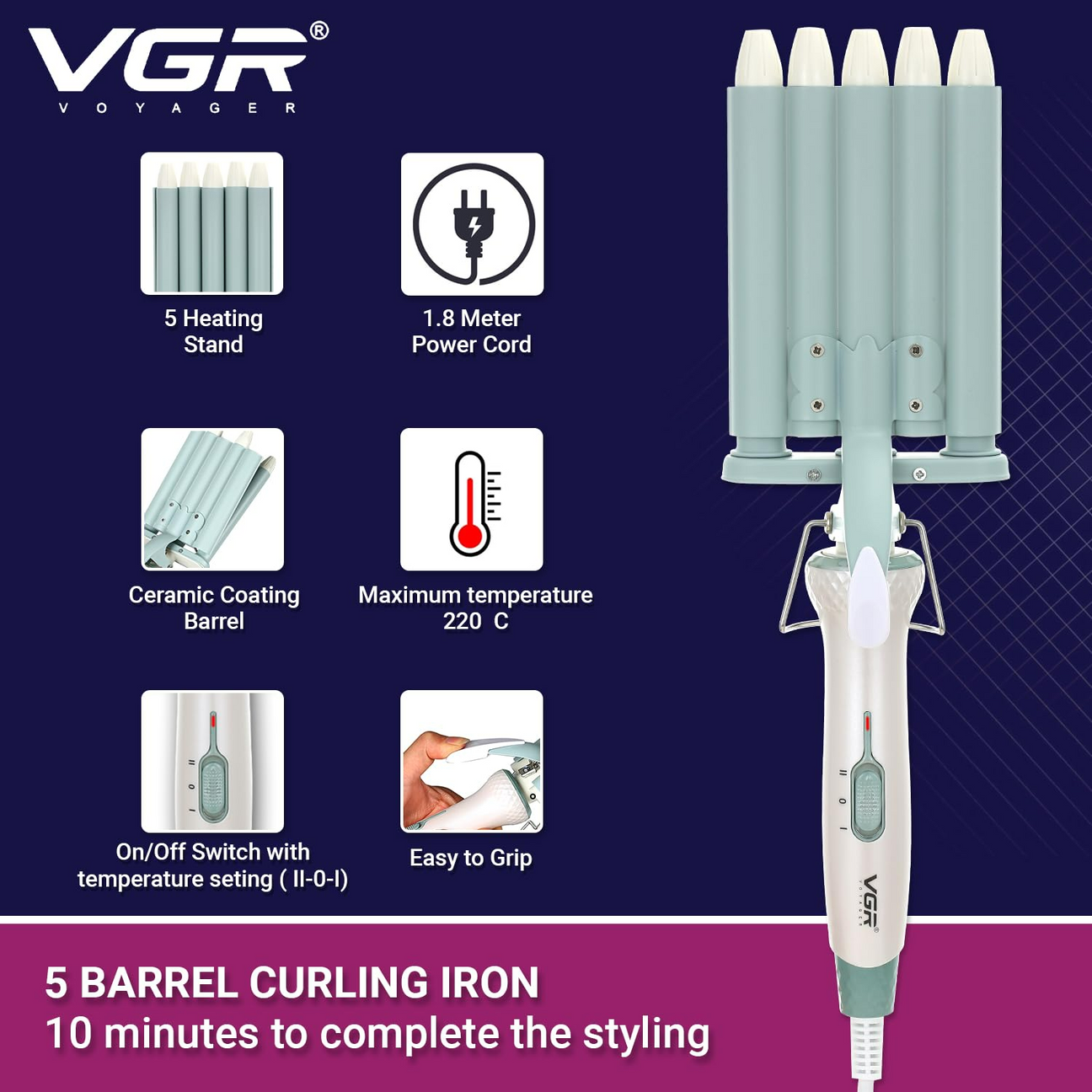 VGR V597, Professional Wavy Hair 5 Barrels Curling Iron