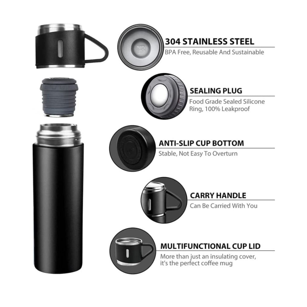 Thermos With Cups Double Wall Stainless Steel 500ml Vacuum Flask