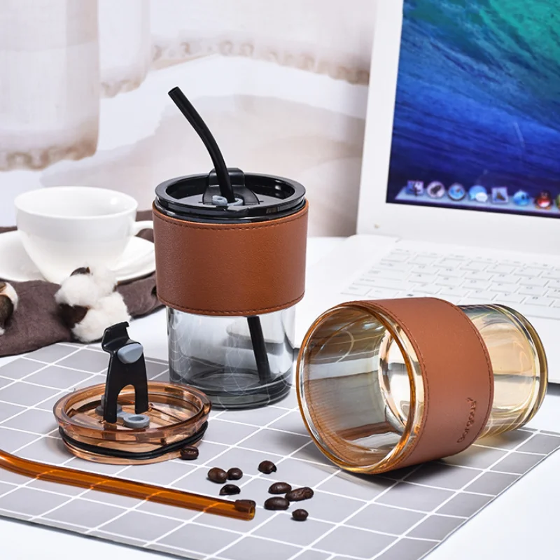 Coffee Mug Glass Tumbler With Silicone Straw and Lid 360 ml, Cup With Leather Sleeve