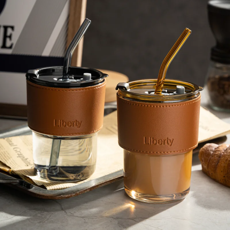 Coffee Mug Glass Tumbler With Silicone Straw and Lid 360 ml, Cup With Leather Sleeve
