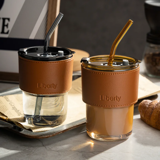 Coffee Mug Glass Tumbler With Silicone Straw and Lid 360 ml, Cup With Leather Sleeve
