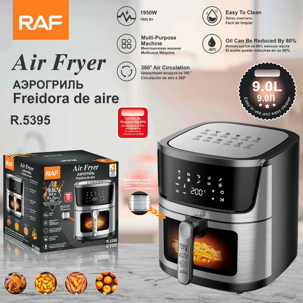 RAF Digital Air Fryer 9L – 1950W Power, 360° Hot Air Circulation, Touchscreen | Oil-Free Healthy Cooking, Stainless Steel R5395