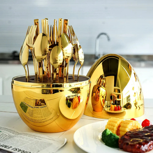 Premium Cutlery Set 24 Pcs with Oval Shaped Stand (Golden Egg)