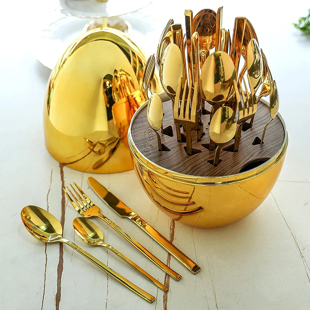 Premium Cutlery Set 24 Pcs with Oval Shaped Stand (Golden Egg)