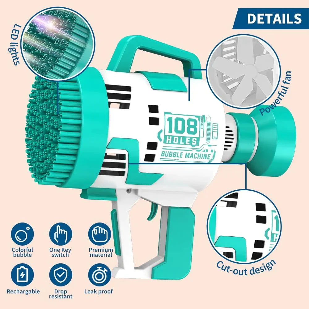 Bubble Gun 108 Holes With Colorful Lights For Kids Toys