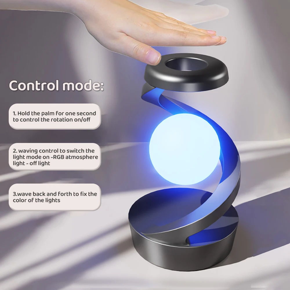 360 Floating RGB Light – Rotating Magnetic Table Lamp with Wireless Charger - Black color