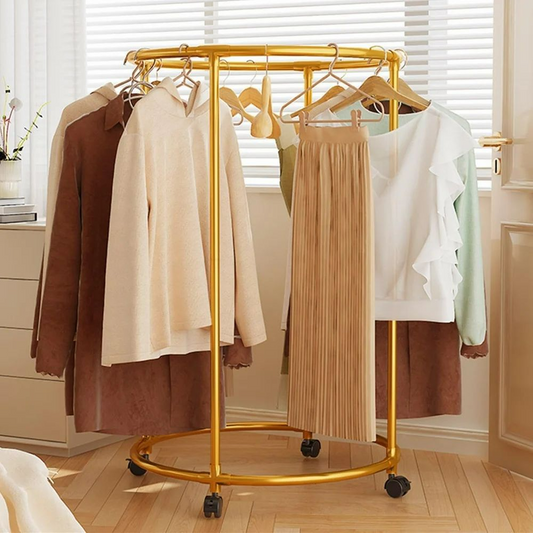 Round Garment Rack – Freestanding Metal Clothing Display with Wheels, Rotating Spiral Dress Rack for Retail & Home - Gold Color