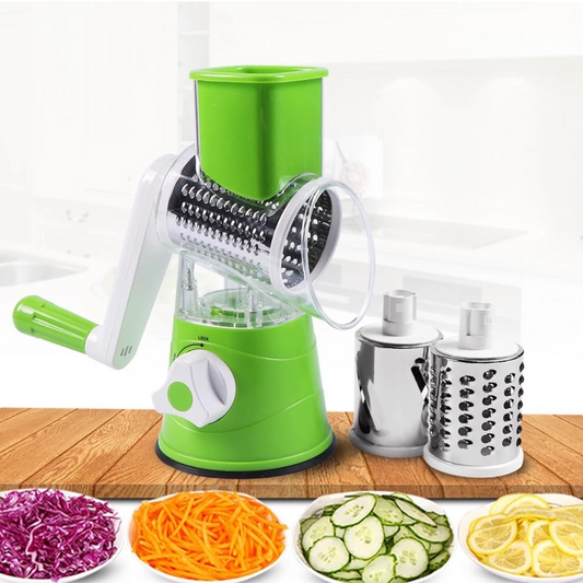 3-in-1 Drum Vegetable Cutter & Rotary Cheese Grater – Multifunctional Slicer with 3 Stainless Steel Blades for Vegetables, Fruits & Cheese
