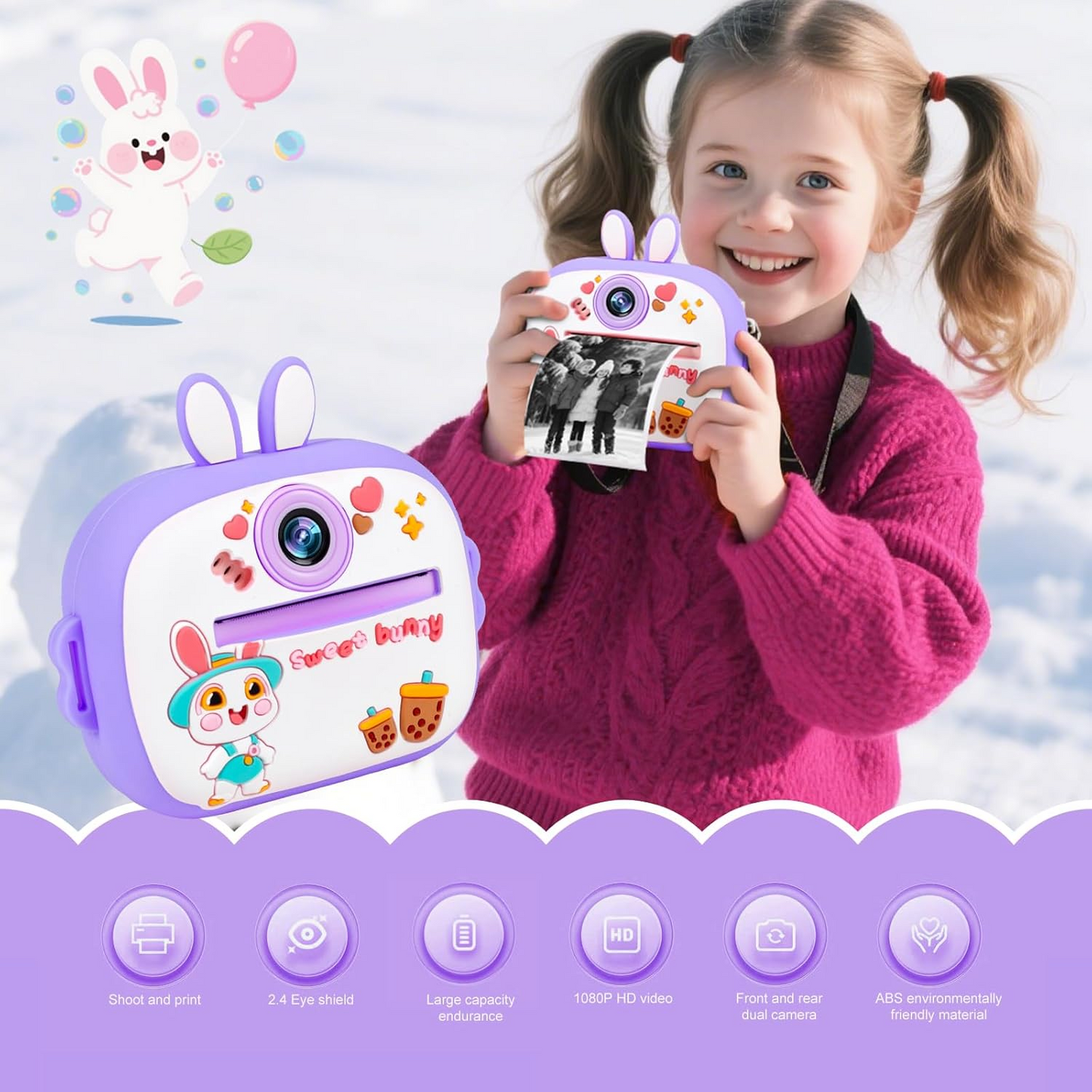 Kids Instant Printer Camera with 2.4" Screen, 1080P HD