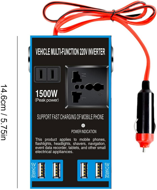 220V Car Power Inverter Adapter – 12V to 220V Converter with 4 USB Ports & Universal Socket