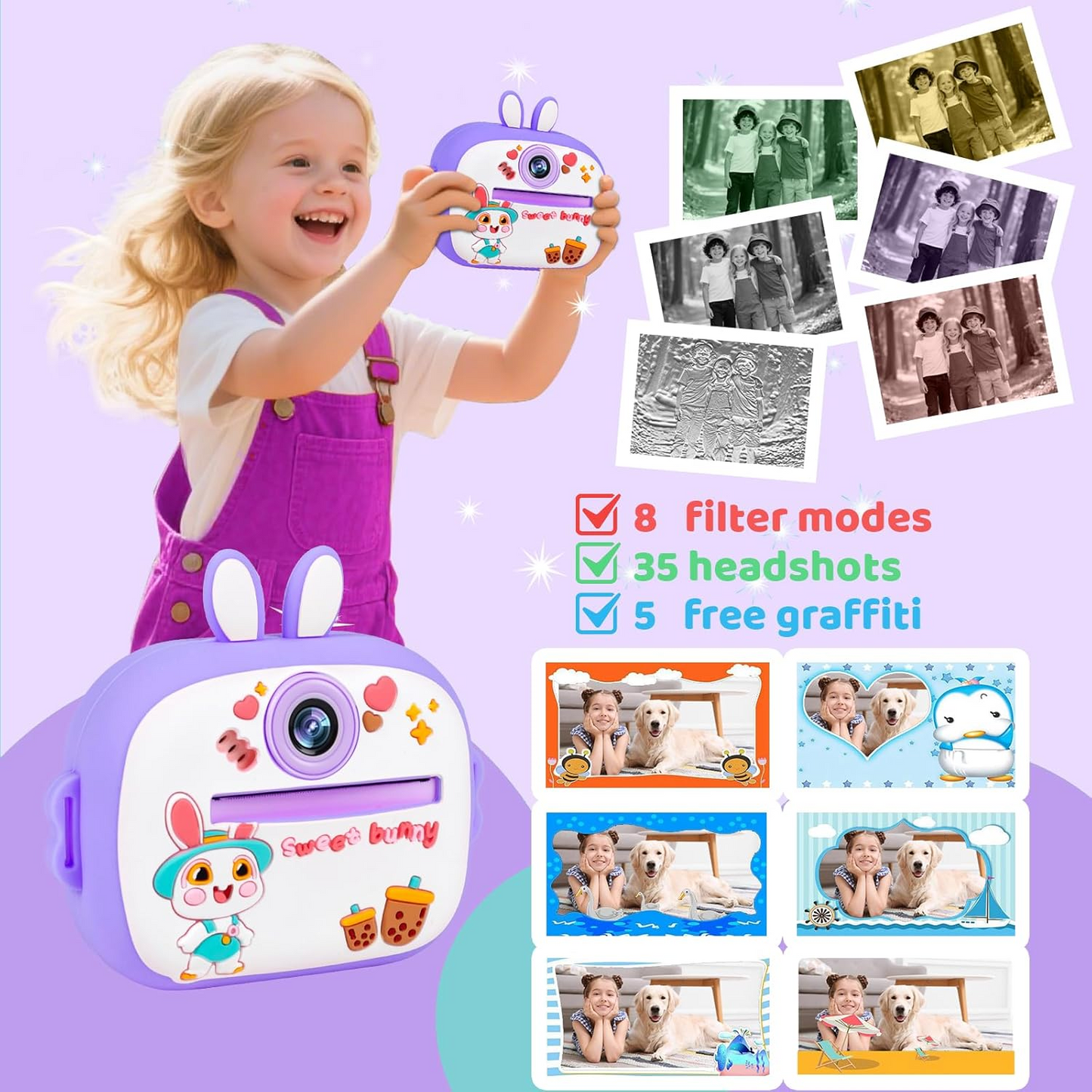 Kids Instant Printer Camera with 2.4" Screen, 1080P HD