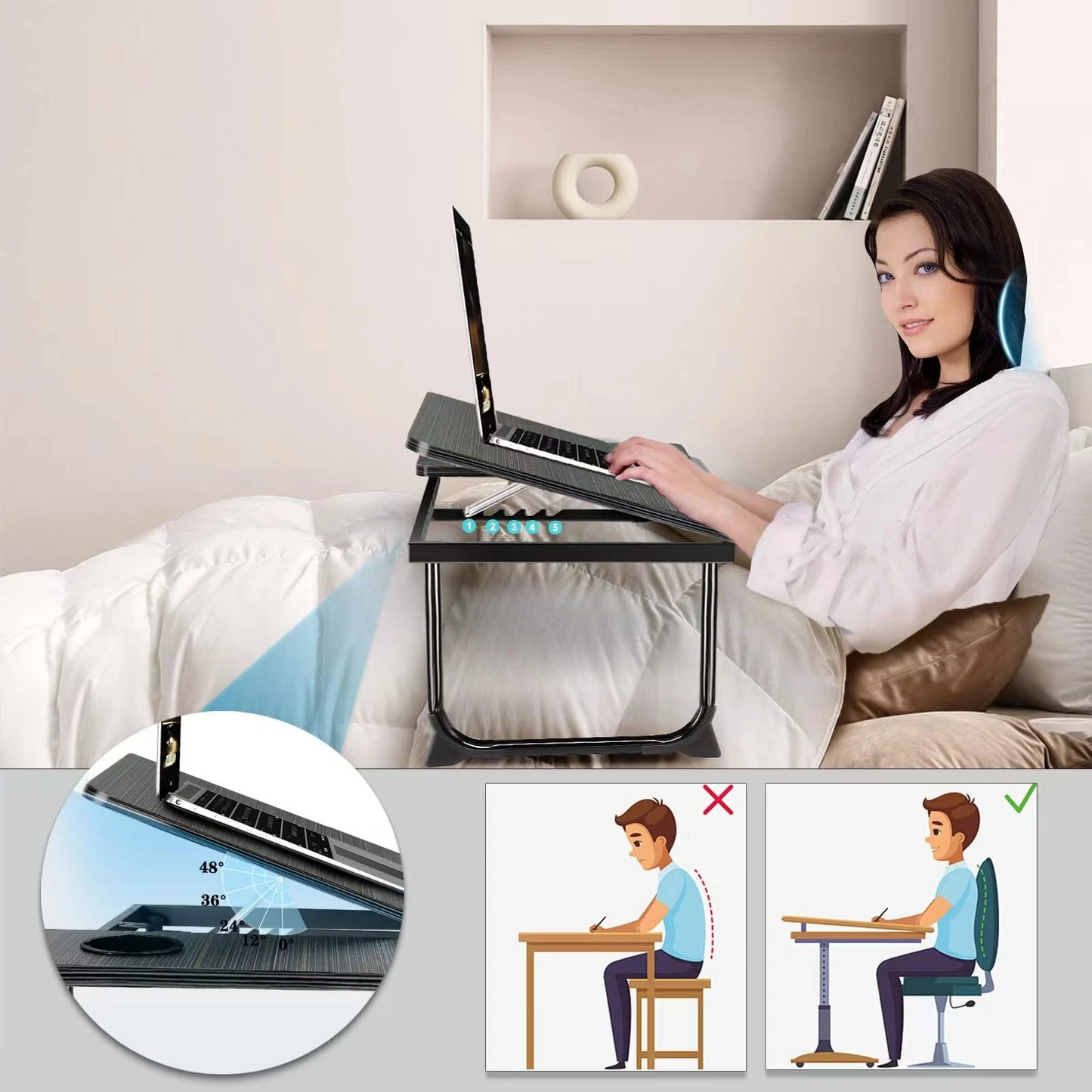 Adjustable Laptop Desk for Bed, Couch & Desk, Multi-Use Laptop Stand with 5 Adjustable Angles
